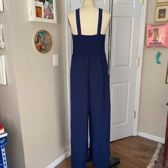 ROUGE Navy Blue Smocked chest Stretch Wide-Leg Romper Jumpsuit *LARGE* - Picture 4 of 6